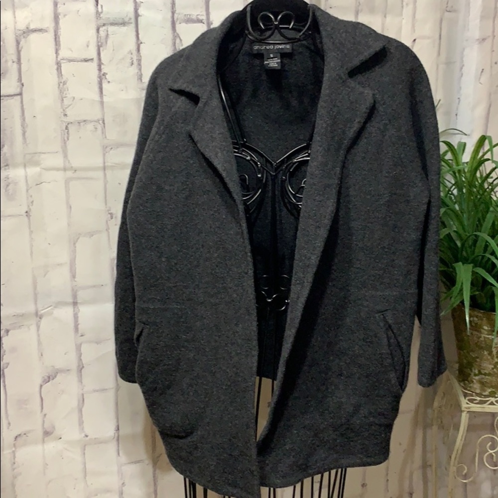 Andrea Jovine Wool Open Cardigan Collared Charcoal Grey Tissue Pockets
